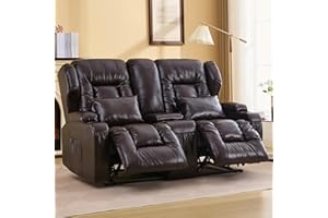 IPKIG 65.3" RV Loveseat Recliner | Double Recliner RV Sofa with Console |Faux Leather Reclining RV | RV Theater Seats |RV Theater Seating | RV Furniture, Manual Recliner Chair (Dark Brown)