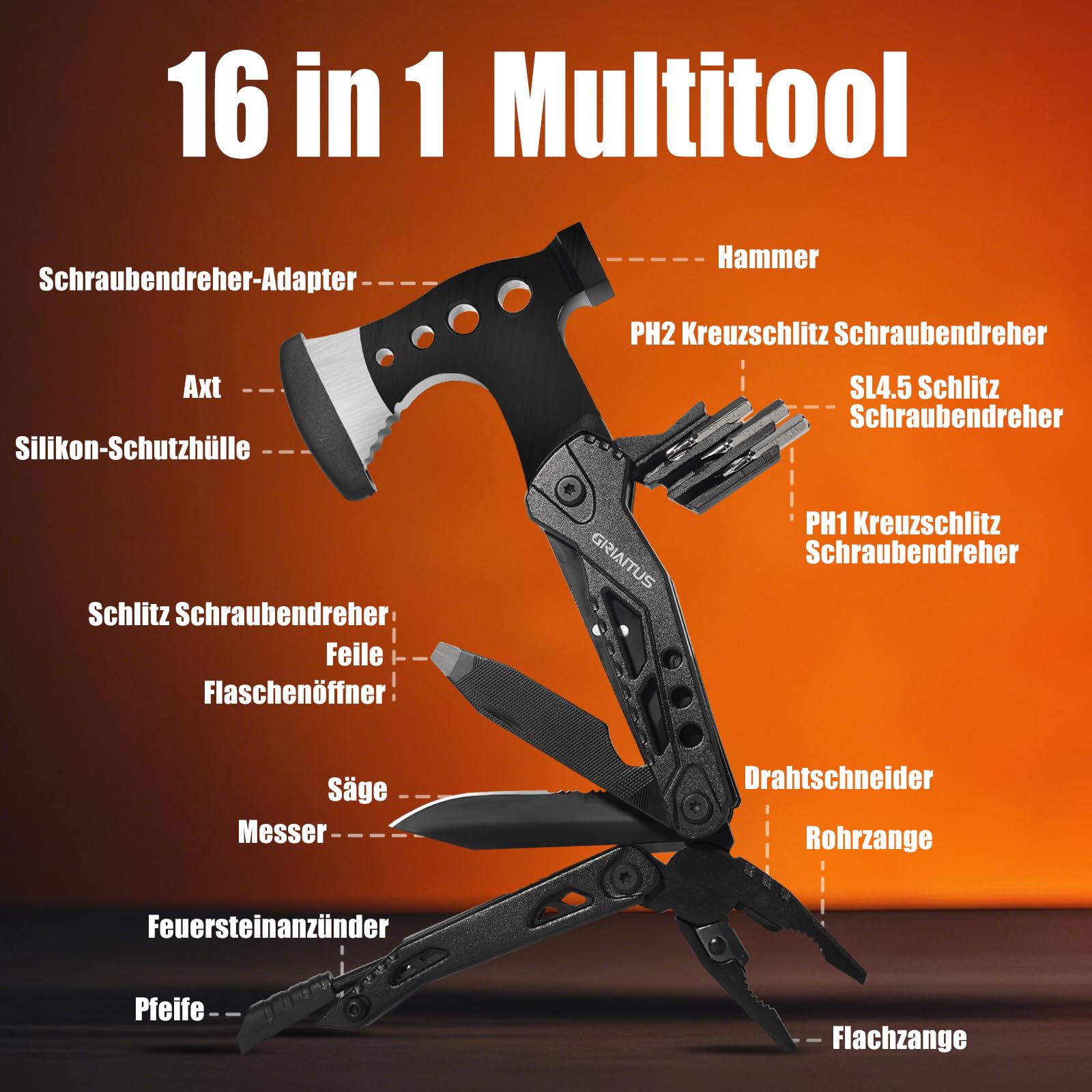 Geschenke für Männer 16IN1 Multitool Camping Zubehör Geschenk Vatertag Männergeschenke Survival Gadgets mit Axt Hammer Zange Säge Schraubendreher Flaschenöffner Pfeife 2