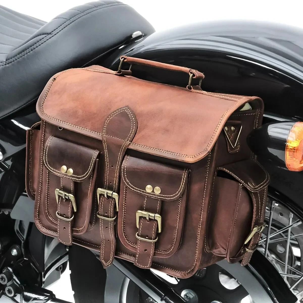 american blue Saddle Bag Motorcycles Bag Powersports Accessories Road Bicycle 13 Inches Leather Brown Scooter Panniers Saddlebags Water Saddle Rear Rack Bag Panniers for Tool Gear Pouch