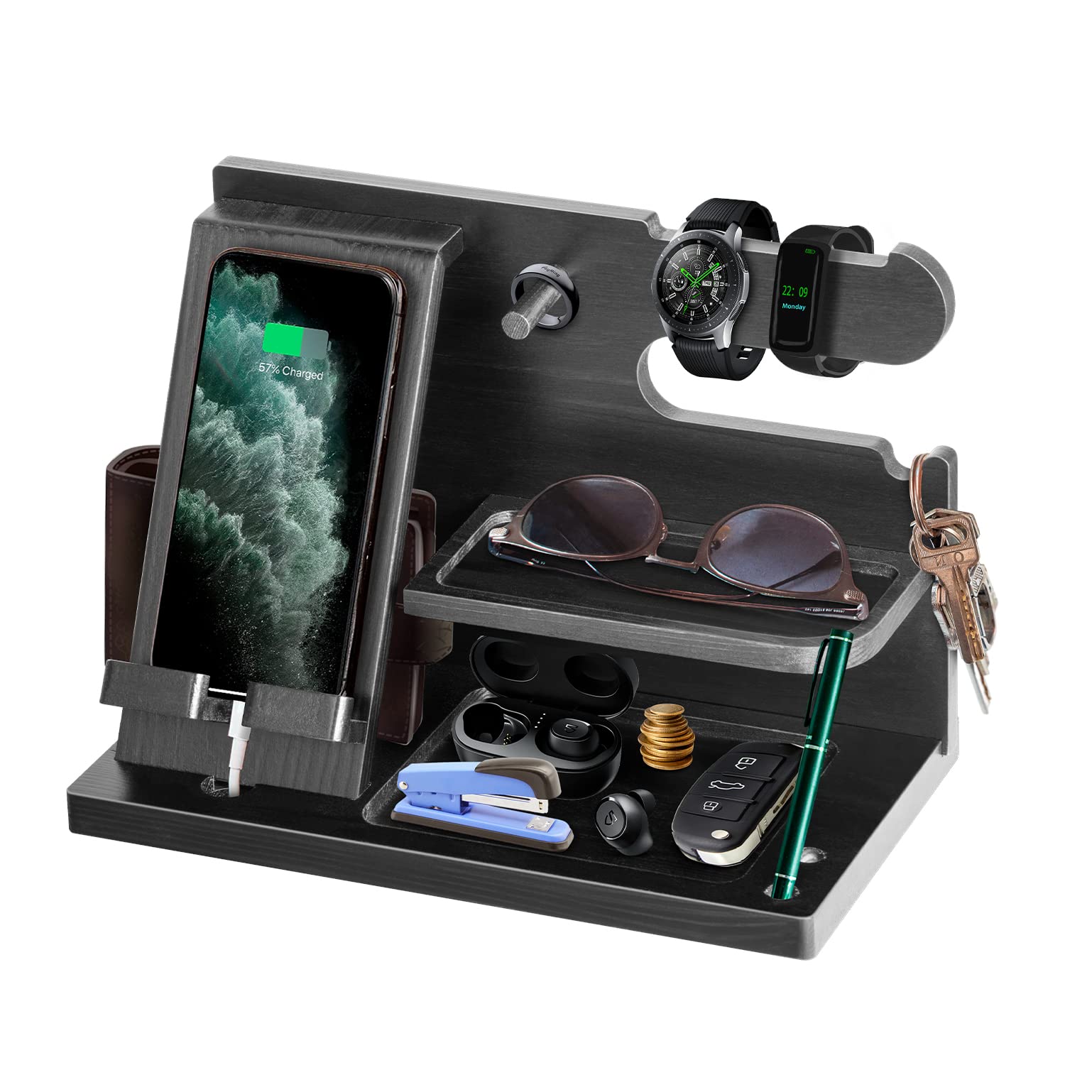 Robomanor Christmas Gifts for Men Bedside Table Organiser Wood Docking Station Key Wallet Watch Glasses Pen Male Gadget Stand Dad Him Birthday Husband Wife