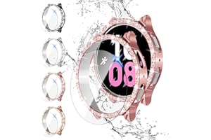 DAFUZ 【4+4Pack】Bling Diamond Case for Galaxy Watch 5/Galaxy Watch 4 Screen Protector 40mm,Anti-Fog Tempered Glass Protective Film and Hard PC Cover Bumper,Samsung Watch 5/4 Smartwatch Accessories for Women