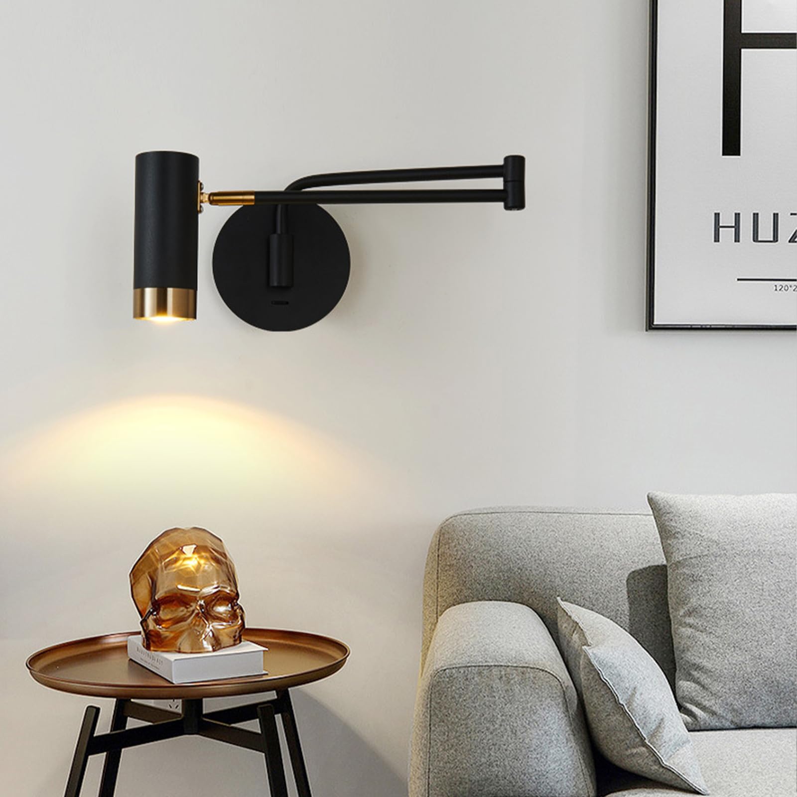 KRIPINC Vintage Industrial Swing Arm Wall Light with Switch, E27 5W LED Rotatable and Extendable Bedside Reading Lamp with Adjustable Long Arm, Wall Lights for Living Room, Bedroom, Study Room (Black)