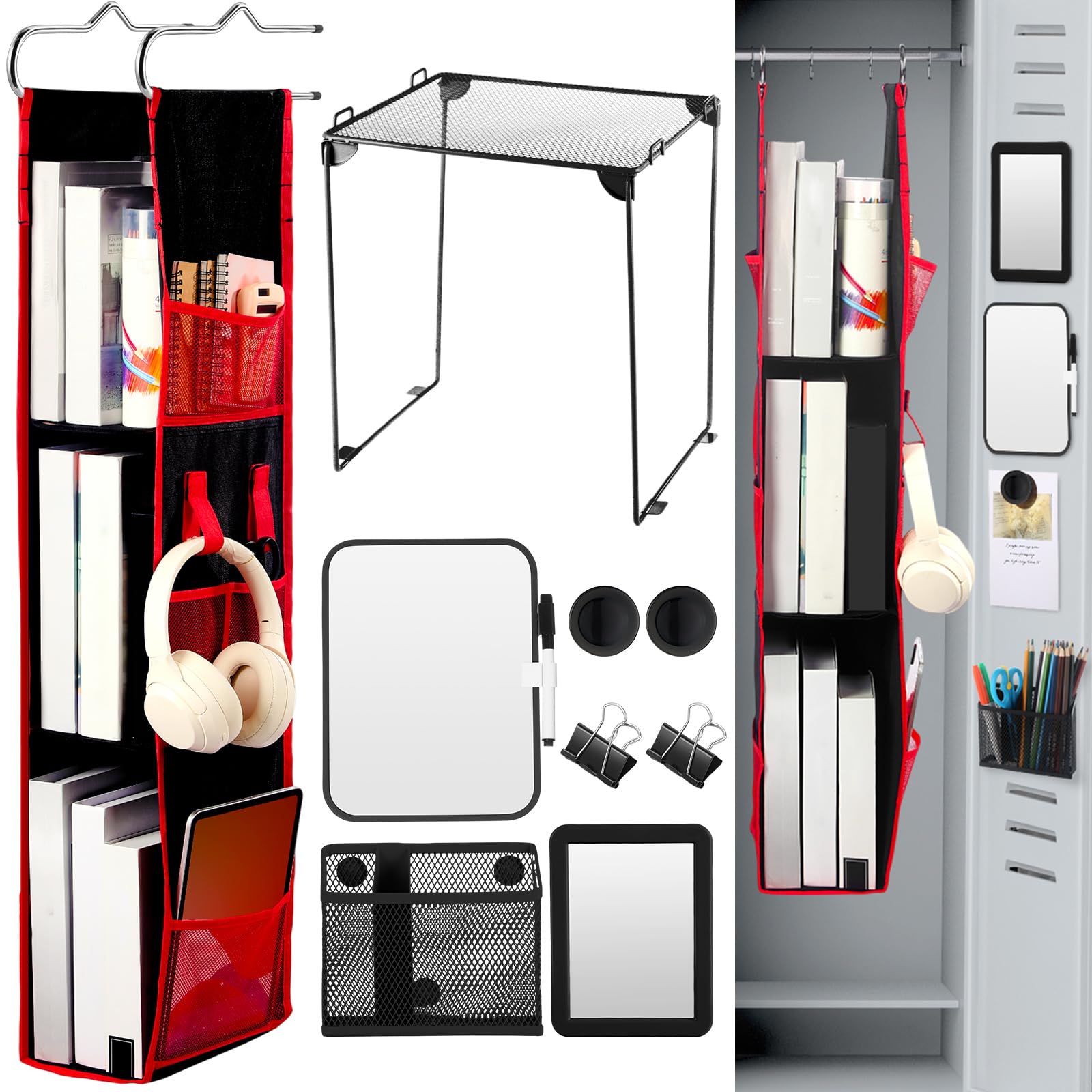 Photo 1 of Feifeiya 9 Pcs Locker Organizer and Accessories Kit Includes Shelf, 3 Shelf Hanging Organizer, Magnetic Pen Holder, Mirror, Whiteboard with Pens and Magnets for Back to School Essentials(Black)