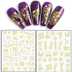 Gold Nail Art Stickers, Wave Line Chains Flame
