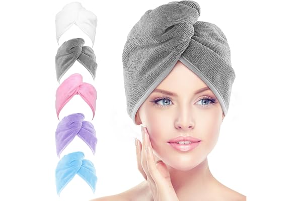 AIDEA Microfiber Hair Towel Wrap, 5 Pack Hair Turbans, Super Absorbent Quick Dry Hair Towel Wrap for All Hair Types Anti Friz