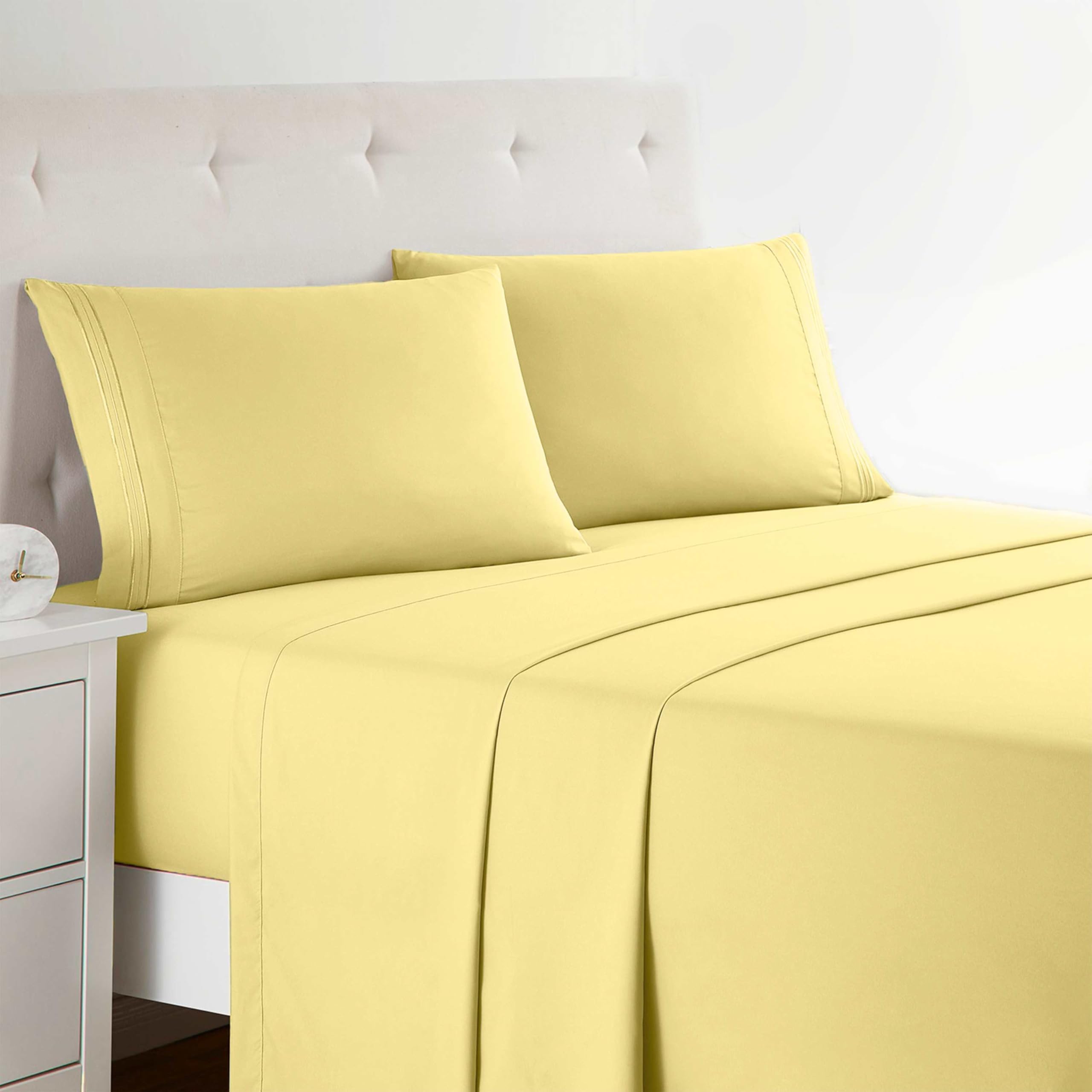 Clara Clark Premier 1800 Collection Deluxe Microfiber 3-Line Bed Sheet Set, King, Custard Mellow Yellow