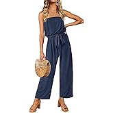 ZESICA Women's Casual Off Shoulder Solid Color Strapless Belted Wide Leg Jumpsuit Romper