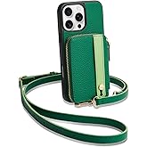 LAMEEKU Compatible for iPhone 16 Pro Max Wallet Case, Zipper Leather Card Slots, Crossbody With Phone Grip Holder Stand Wrist Strap for 6.9 Inch Dark Green