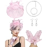 Bniksok 1920s Fascinators Hats for Women Funeral Veil Hat Feather Headband Lace Gloves Halloween Tea Party Wedding
