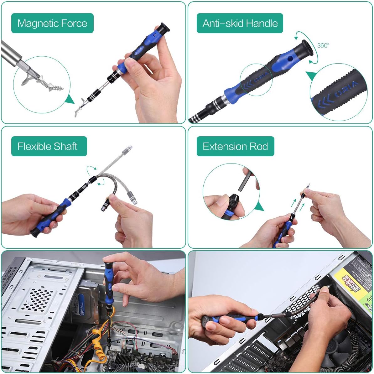 ORIA Precision Screwdriver Kit, 76 in 1 with 56 Bits Repair Tool Kit for Cellphone, Game Console, Tablet and Other Devices, Blue - - 