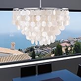 Wellmet Natural Capiz Shell Chandelier, 6 Lights Coastal Modern Capiz Chandelier Pendant Lighting, Hanging Round Layered Chan