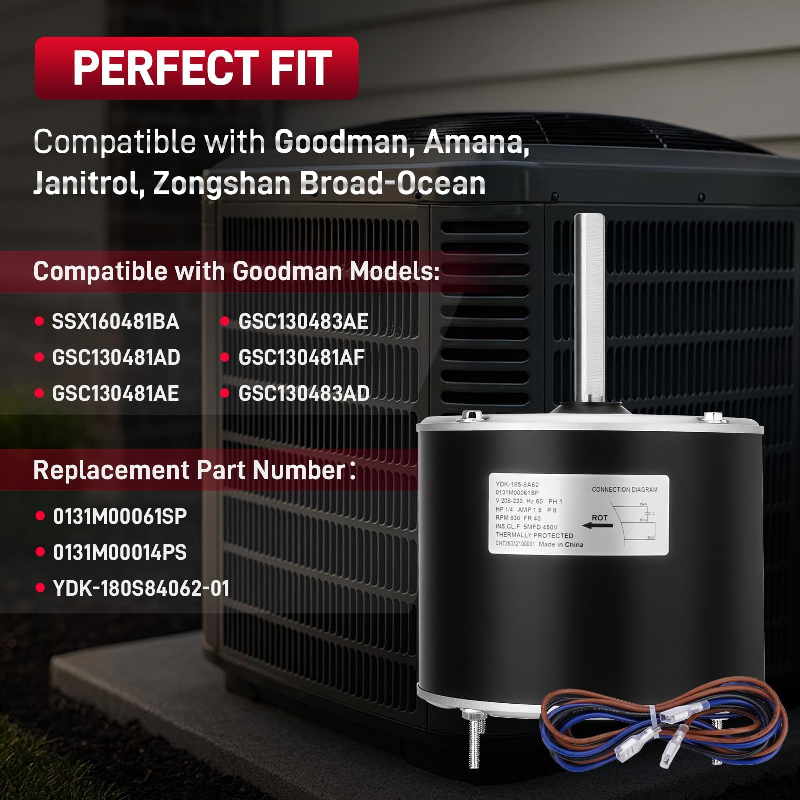 Condition photo showing As Is for 0131m00061sp condenser fan motor 1/4 hp 830rpm 208-230v 1.5a compatible with goodman amana janitrol