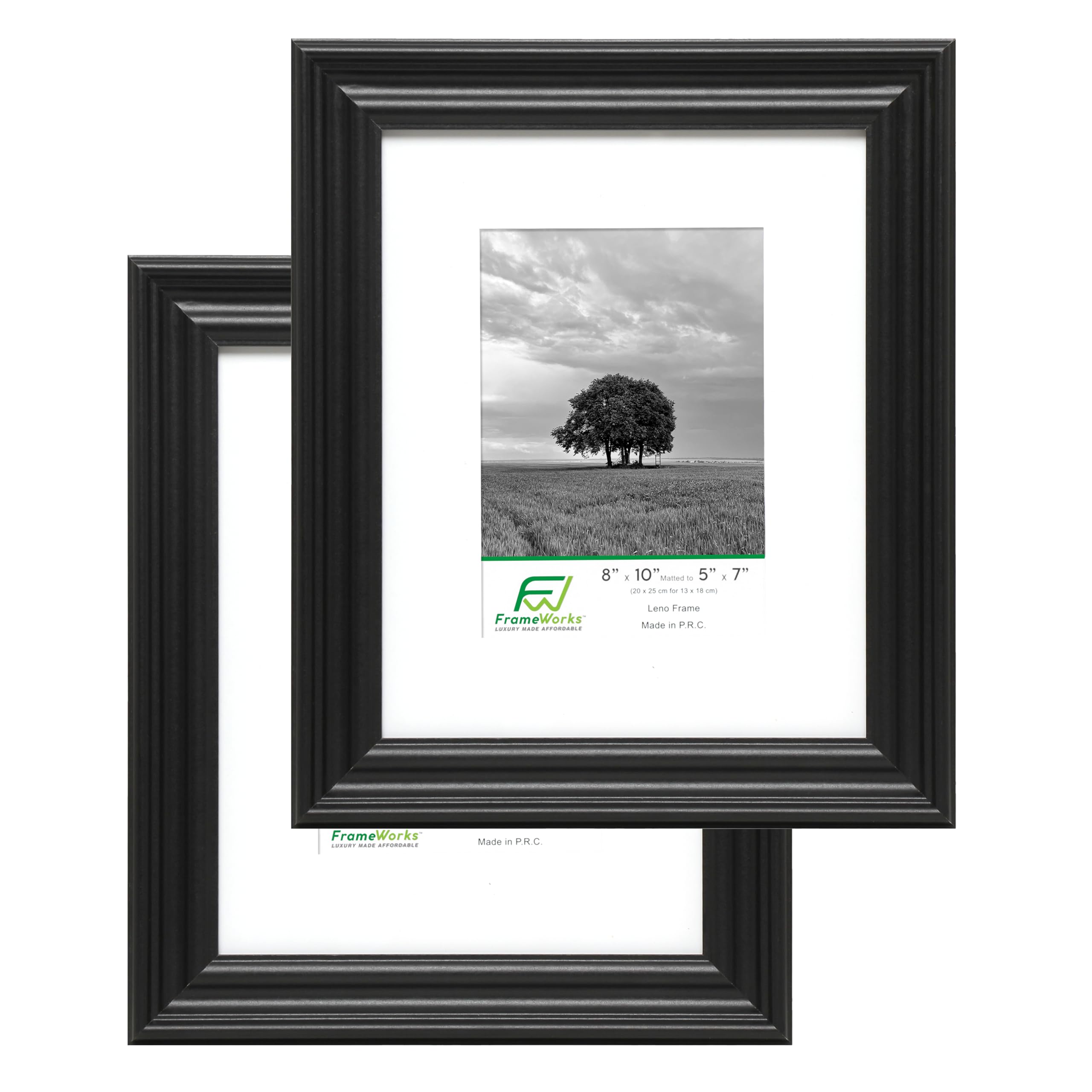 FrameWorks - 2-Pack - 8” x 10” Matted to 5" x 7" Black Wooden Picture Frames with Luxury Wide Molded Edge, Removable Mat, and Tempered Glass