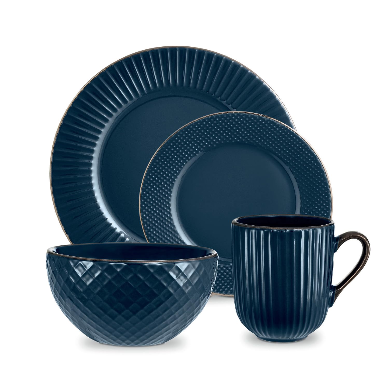 Tower Empire 16 Piece Dinnerware Set, Stoneware, Midnight Blue & Brass, T867002MNB