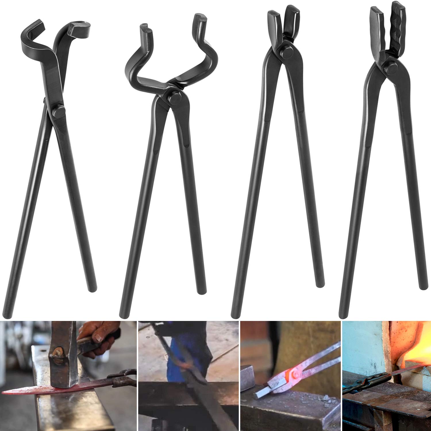Knife Making Set - Blacksmith Tongs Set with V-Bit, Wolf Jaw, Flat and Blade Tongs for Bladesmith Tool Anvil Vise Forge (4 Pieces)