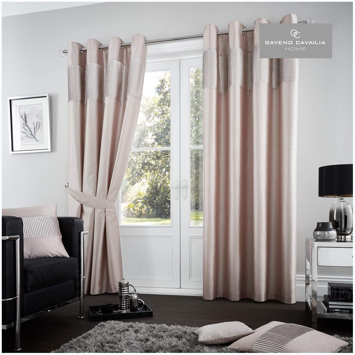Gaveno Cavailia Fuel Eyelet Curtains Champagne, 100% Polyester Ring Top Drapery with Matching Tie Backs, Two 90"x90" Glamorous Panels, Easy Care Window Treatment, 90 x 90 Inches 260844