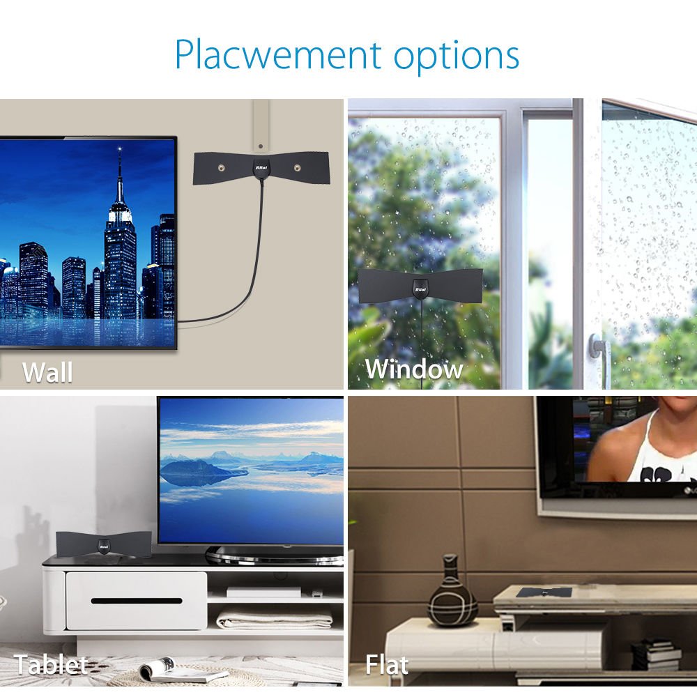 Riiai Digital HDTV Antenna Indoor 25 Mile Range HD Clear Signal Coax Cable High Gain Flat Design 4dBi High Performance (25 Mile SLVD07DB-N)