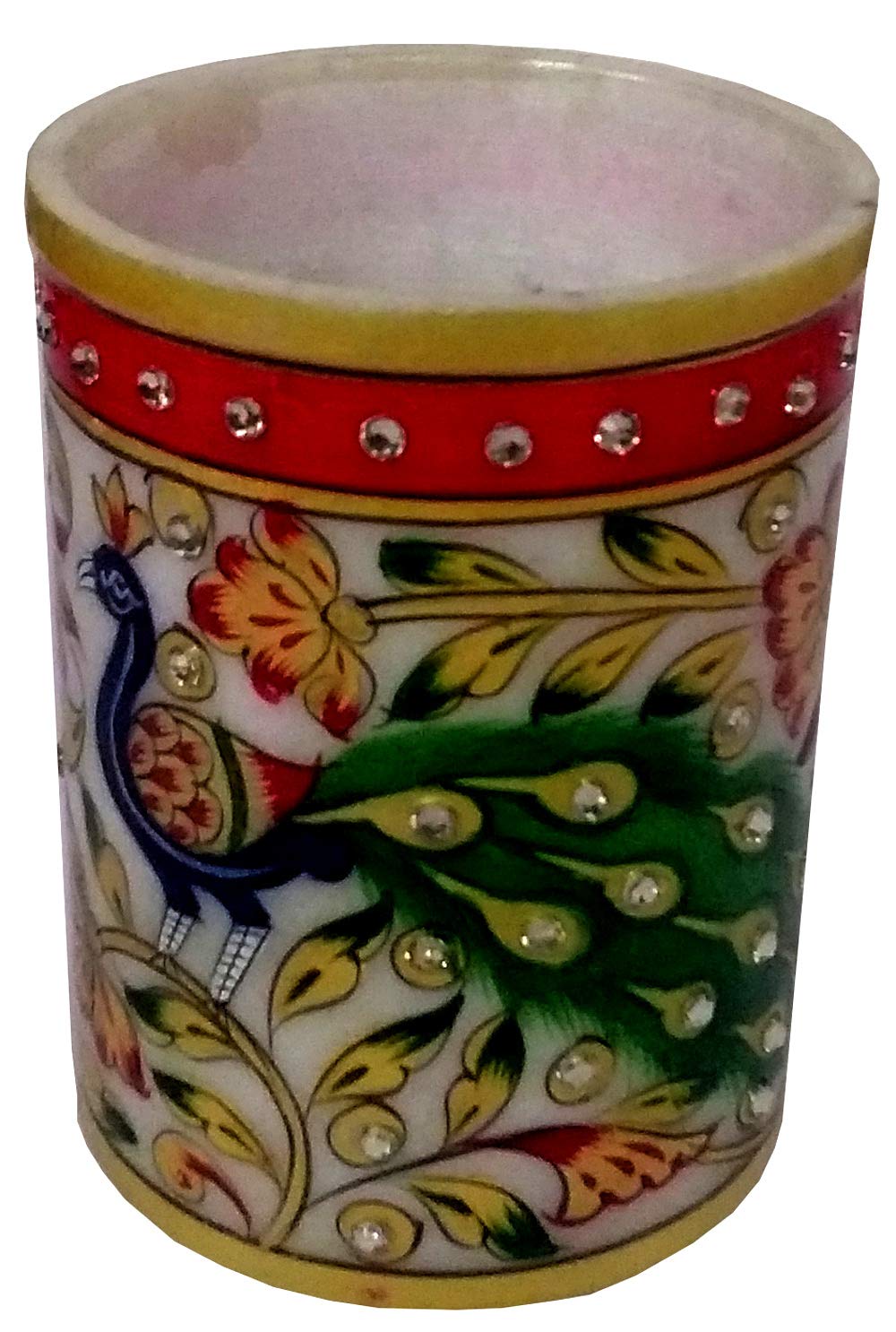 Purpledip Indian Gift Item : Marble Pen Holder/Stationery Holder, Tooth Brush Holder with Handpainted Peacock Designs (10563)