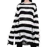 Vinsekep Women's See Through Hole Ripped Striped Long Knit Pullover Dress Sweaters Shirt
