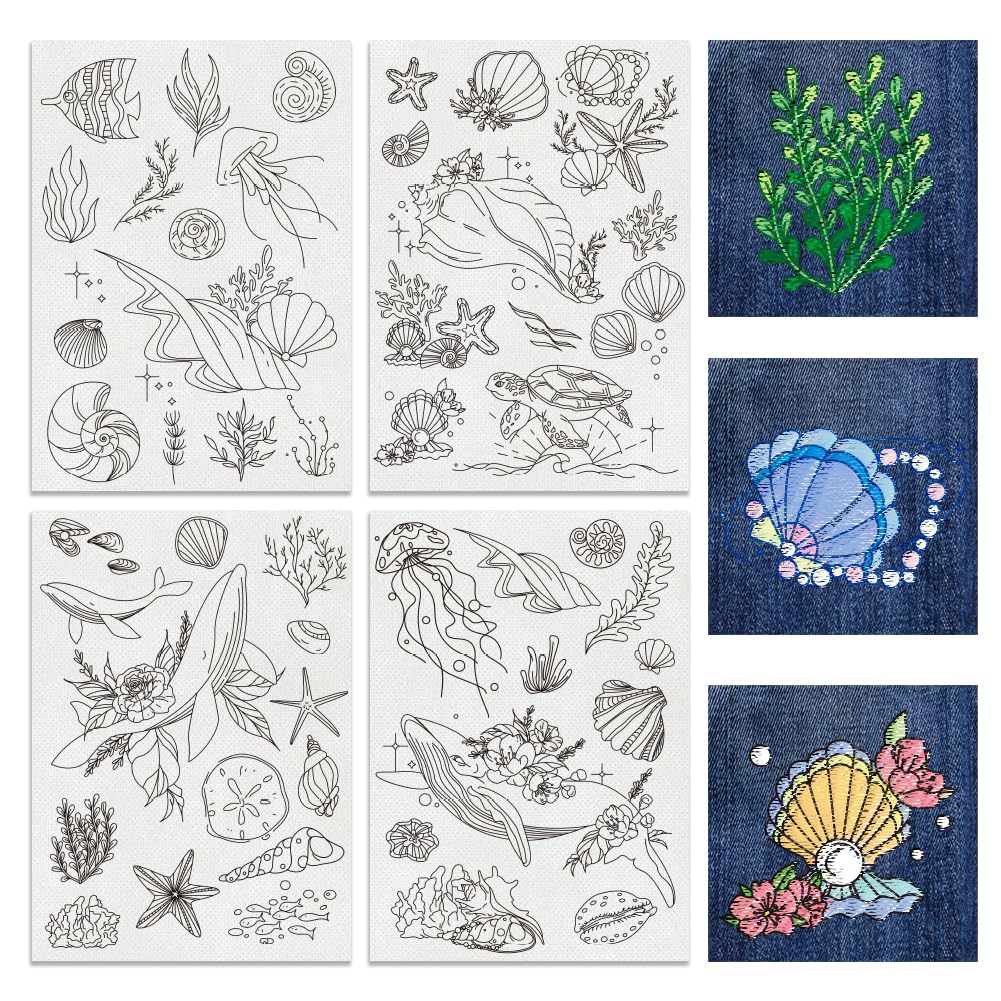 BENECREAT 4 Sheets 50pcs Ocean Theme Water Soluble Hand Sewing Stabilizers, Fish Shell Conch Whale Tear Away Embroidery Stabilizers for Embroidery, Carves, Shirts, Coats, Bags, Towels