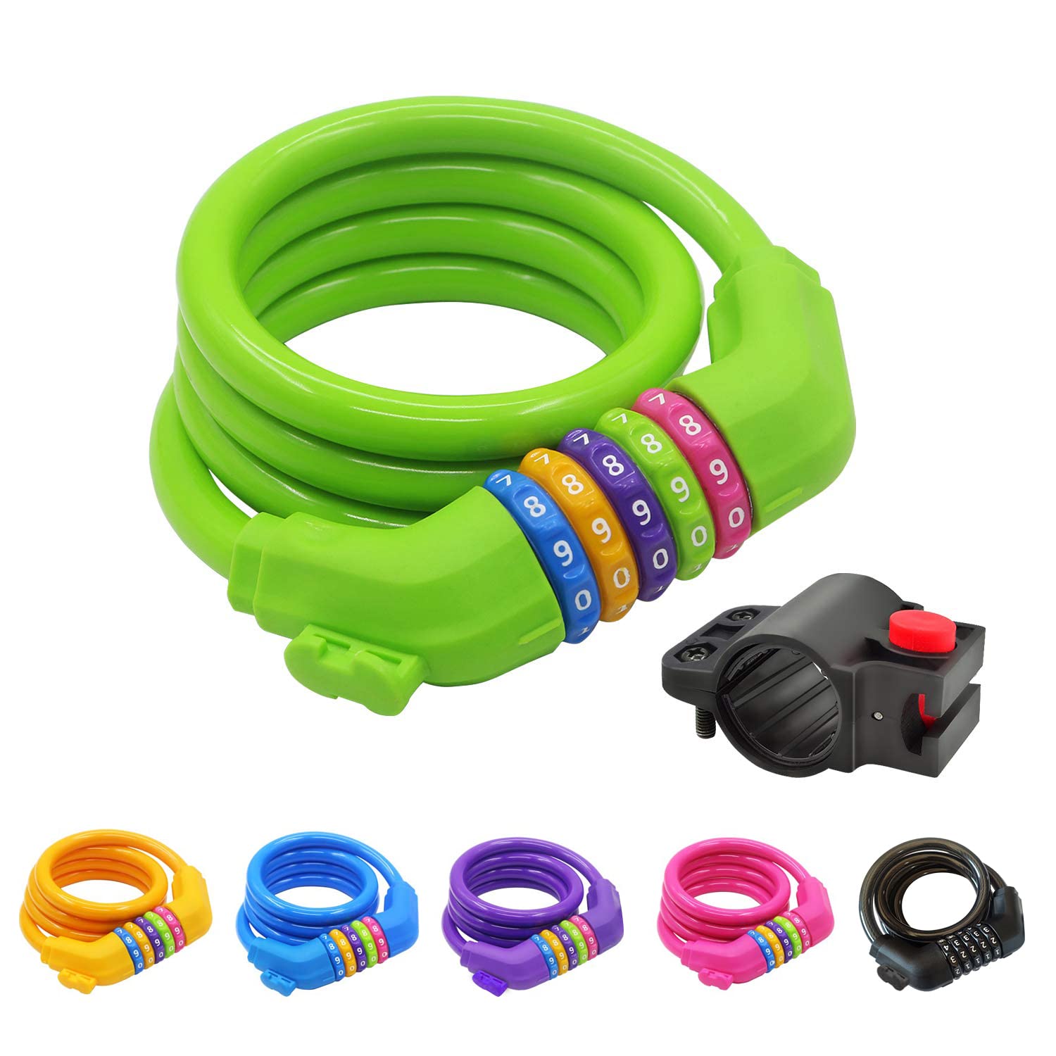 GOLDPOOL Bicycle Lock for Kids, Number Code Combination Cable Lock, Resettable Bike Cable Lock with Bracket 120 cm x D12 mm Steel Cable Coated (Green)