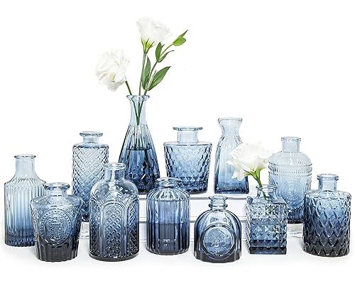Glass Bud Vase Set of 12, Small Blue Flower Vases for Centerpieces