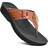 AEROTHOTIC Arch Support Flip Flops for Women Comfortable Orthotpedic Footbed with Faux Leather Buckle Adjustable Stylish Straps Slip On Soft Toe Post Dressy Indoor & Outdoor Women's Sandals