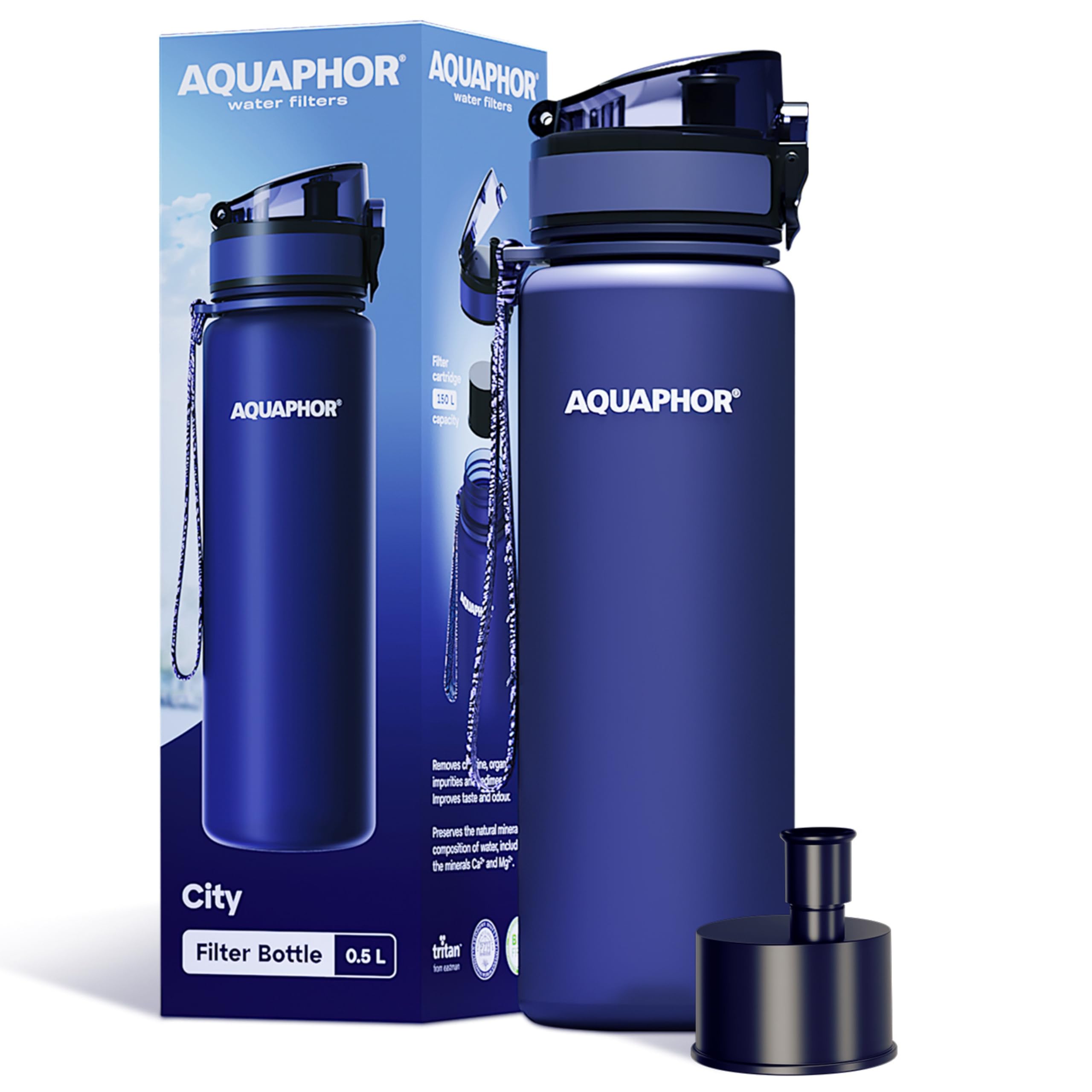 AQUAPHOR City Bottle 500ml Navy | Travel Water Bottle with Activated Carbon Filter | Filters Chlorine & Impurities | Made of Tritan & BPA-Free | Stay Hydrated On the Go!