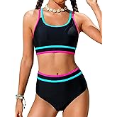 HOZIY Tween Girls Bikini Sets Sporty Color Block Two Piece Adjustable Straps Swimsuits with Chest Pad Size 10-18 Years