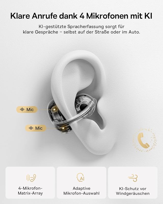 Bowie MC2 Air Open-Ear-Kopfhörer, Clip-On Earbuds mit CloudComfort, Bluetooth 6.0, SuperBass 2.0, 4 KI-Mikrofonen für klare Anrufe, 40 Std. Akkulaufzeit, IP67, nur 4,9 g leicht