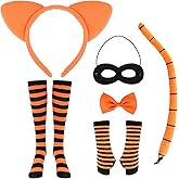 6 Pcs Halloween Villainous Cat Costume including Headband Eye Mask Tail Bow Tie Gloves and Socks for Halloween and Book Day Cosplay