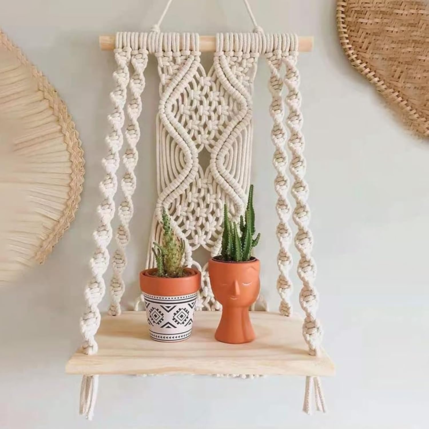 Smallterm Hanging Shelves Boho Wall Decor Storage Organizer Wall Hanging Shelf Handmade Woven Tapestry Rack Wood Floating Storage Hanger Wall Decor, 30×50 cm