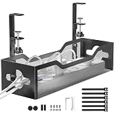 Under Desk Cable Management Tray No Drill, Metal Mesh Cable Management Under Desk with Clamp Mount, 2 Hole Cable Tray with Wire Management and Cord Organizer for Home Office Standing Desk