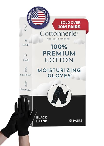 GAXCOO COTTONNERIE COTTON GLOVES FOR DRY HANDS SLEEPING, MOISTURIZING GLOVES OVERNIGHT, HAND MOISTURIZER GLOVES, MOISTURE GLOVES FOR DRY HANDS OVERNIGHT, SLEEPING ECZEMA GLOVES, LARGE 8 PAIR, BLACK