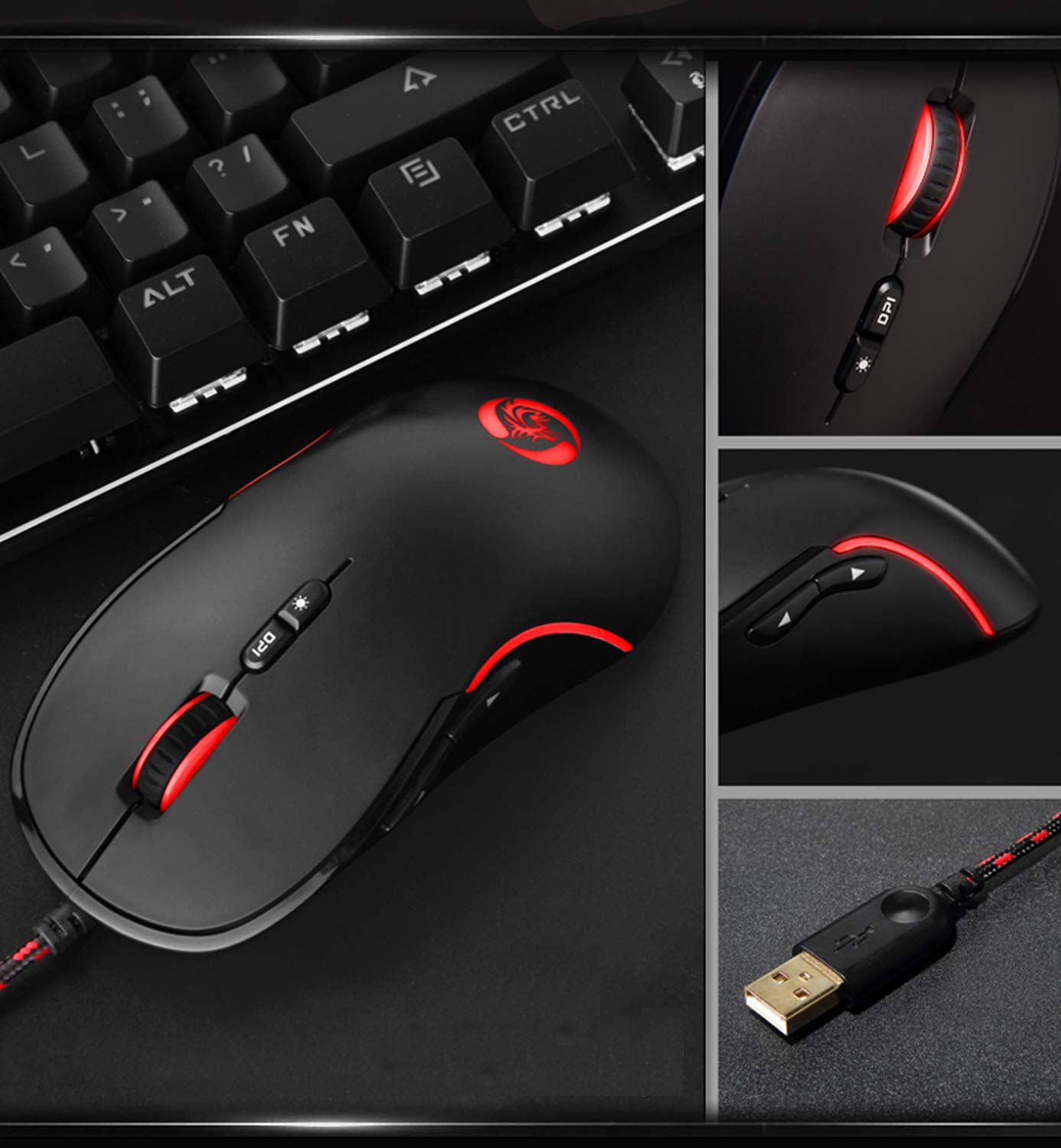 LILONG Gaming Mouse Wired [Metal Base] [Breathing Light] Ergonomic Game USB Computer Mice RGB Gamer Desktop Laptop PC Gaming Mouse, 7 Buttons for Windows 7/8/10/XP Vista Linux, Optical Sensor PMW3050