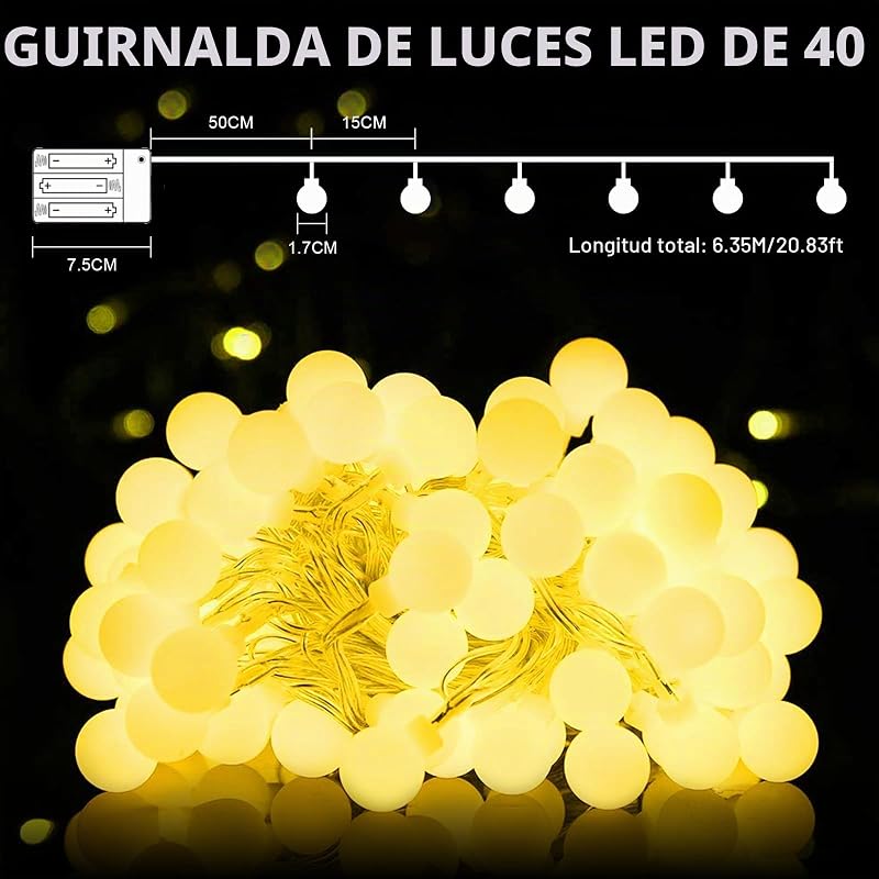 Luzes de Guirlanda, Corrente de Luzes LED 6M 40, 2 Modos: Bateria Branca Quente Carregada, Guirlandas de Luz Decorativas para exterior, interior, jardim, casa, casamento, Natal (2 modos) — foto 2 de 7