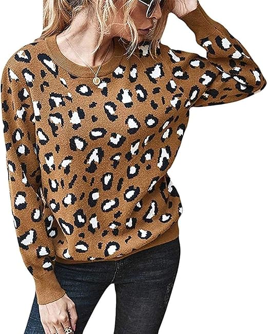Womens Jumper Leopard Print Casual Knitted Open Back Pullover Sweater Tops at Amazon Womenâs 