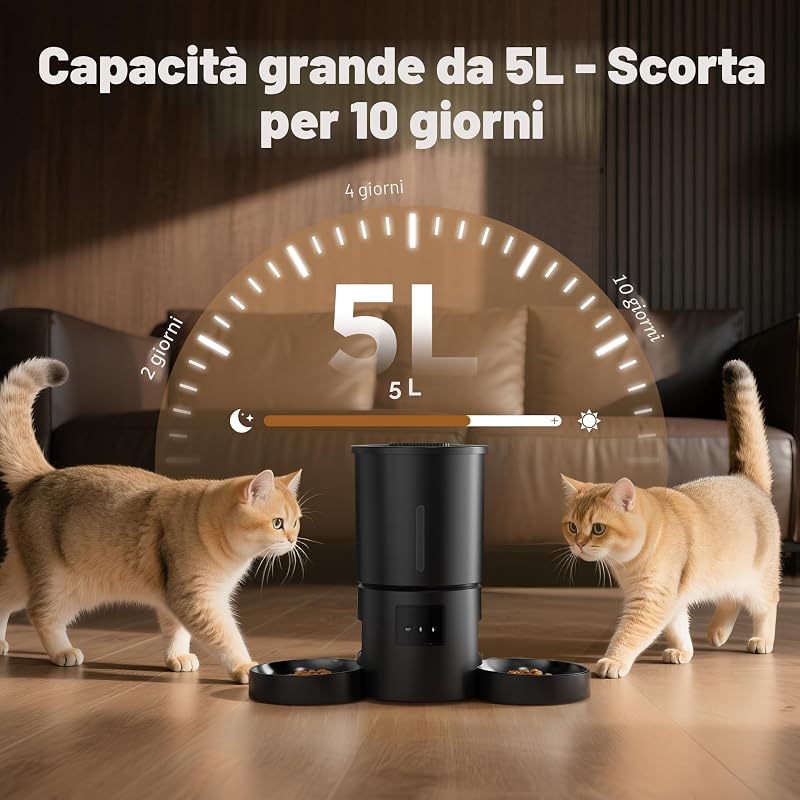 Distributore Automatico Cibo Gatti 2 Ciotole: 5L Distributore Automatico Cibo Cane con Timer WiFi 2.4G per Crocchette - Design Doppia Ciotola per Famiglie con Più Gatti & Cani - Nero