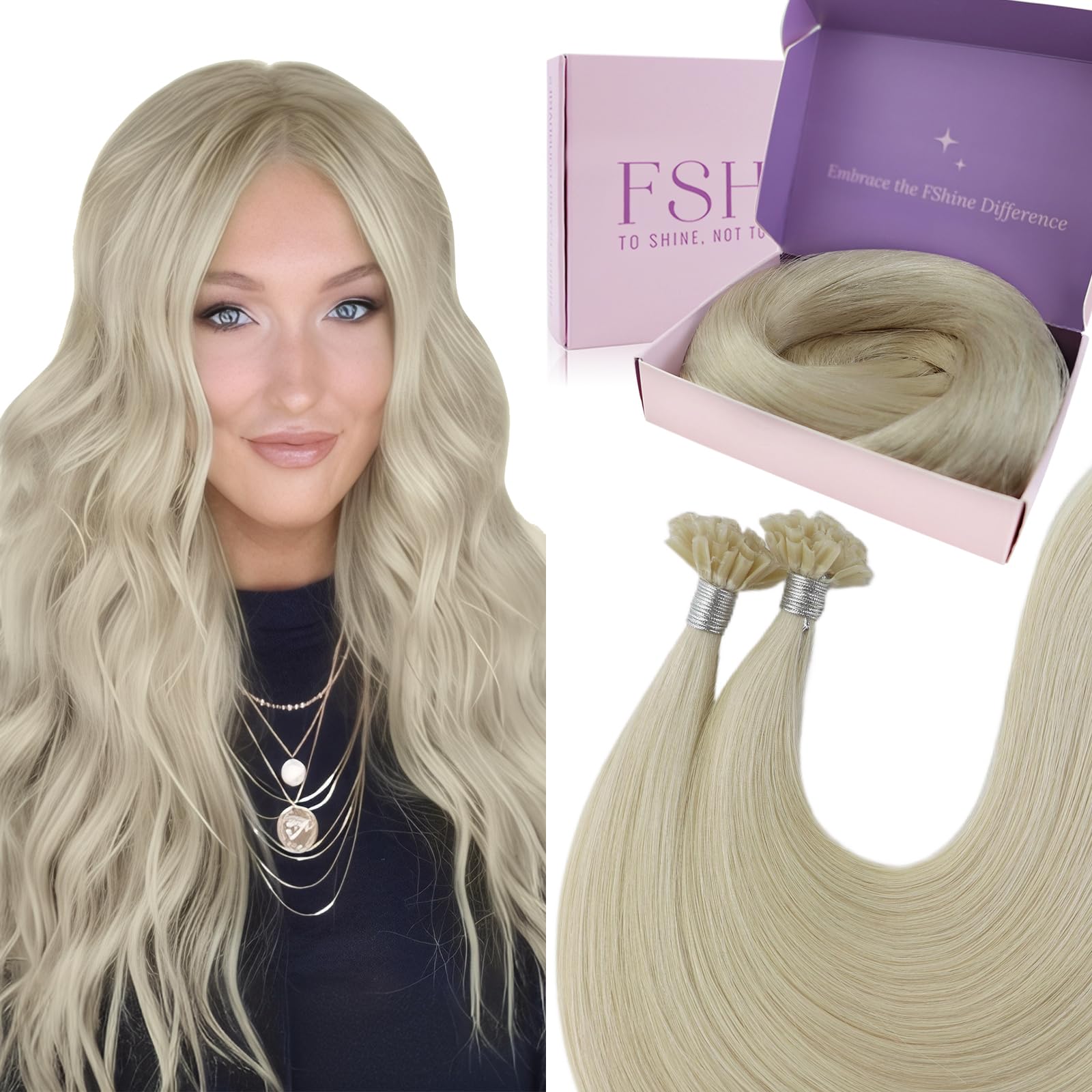 Fshine Nail Tip Human Hair White Blonde 22 inch Real Human Hair Prebonded Extensions Hot Fusion Hair Keratin U Tip 50g/50s Remy U Tip Bondings Extensions — image 1