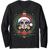 Christmas Sugar Skull Art Woman Santa Hat Festive Design Long Sleeve T-Shirt