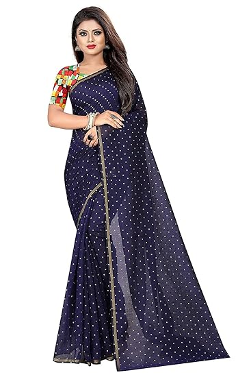 Womens Chiffon Pure Nazmin Saree with Digital Printed Blouse Piece (Navy Blue)