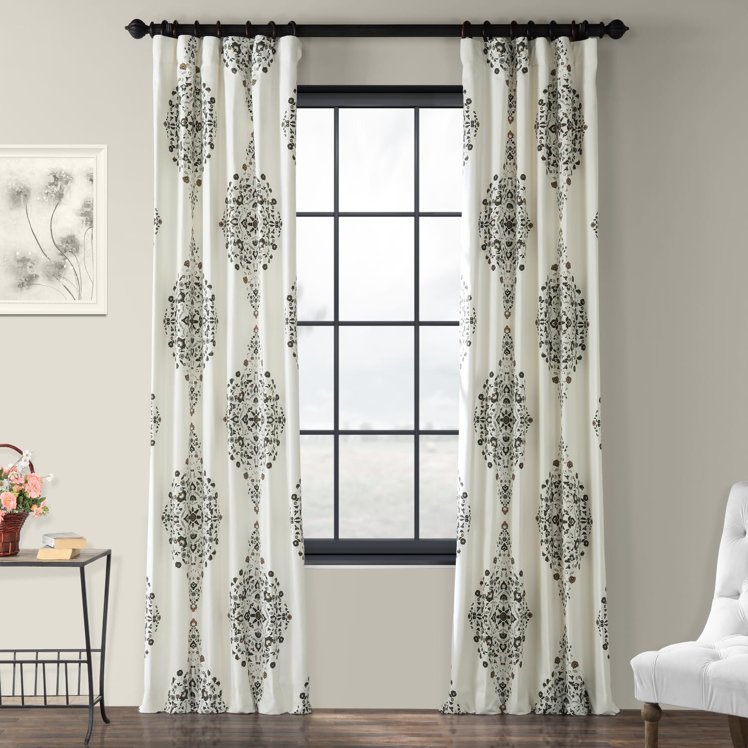 HPD Half Price Drapes 96 Inch Long Luxury Cotton (1 Panel) Darkening Window Curtains for Bedroom Living Room 50" W x 96" L, Floral Cocoa Damask, H243.8 x B127 cm (1er Pack)
