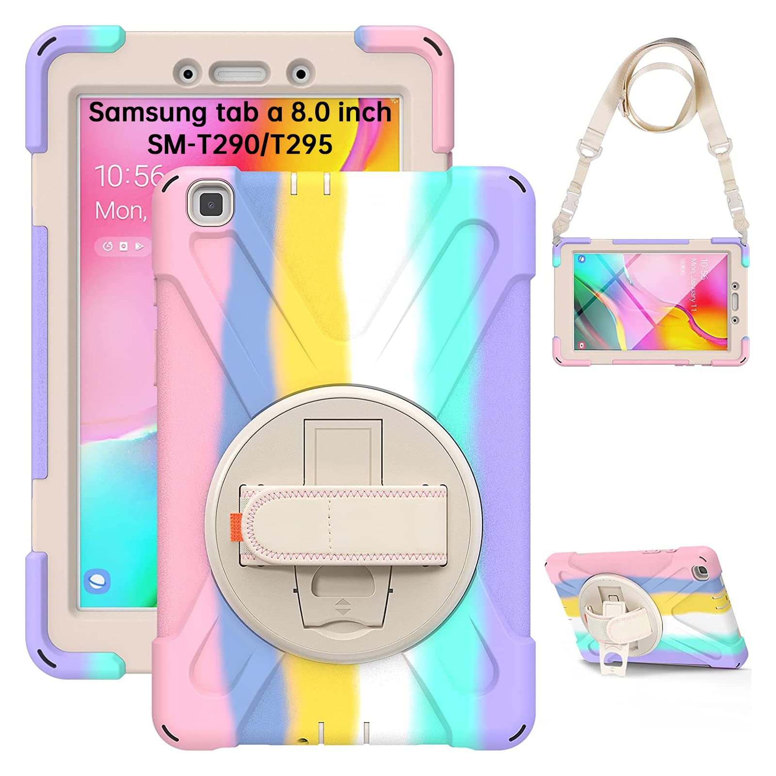 Gerutek Case for Samsung Galaxy Tab A 8.0 2019 with Screen Protector, SM-T290/T295 Full Body Shockproof Case For Samsung Tab A 8.0 Cover with 360 Rotating Kickstand&Hand/Shoulder Strap,Pink