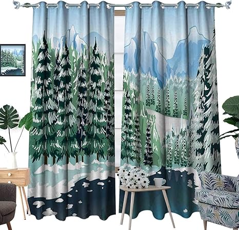 Amazon Co Jp ホメホモフォレスト Homehot 森の窓用カーテン ドレープ 冬の季節に野生の木 雪の山 凍った川 漫画風 リビングルーム用装飾カーテン グリーン ブルー ホワイト W96 X L108 ホーム キッチン