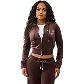True Religion Women’s Branded Crystal Velour Zip Hoodie – Full‑Zip Plush Sweatshirt