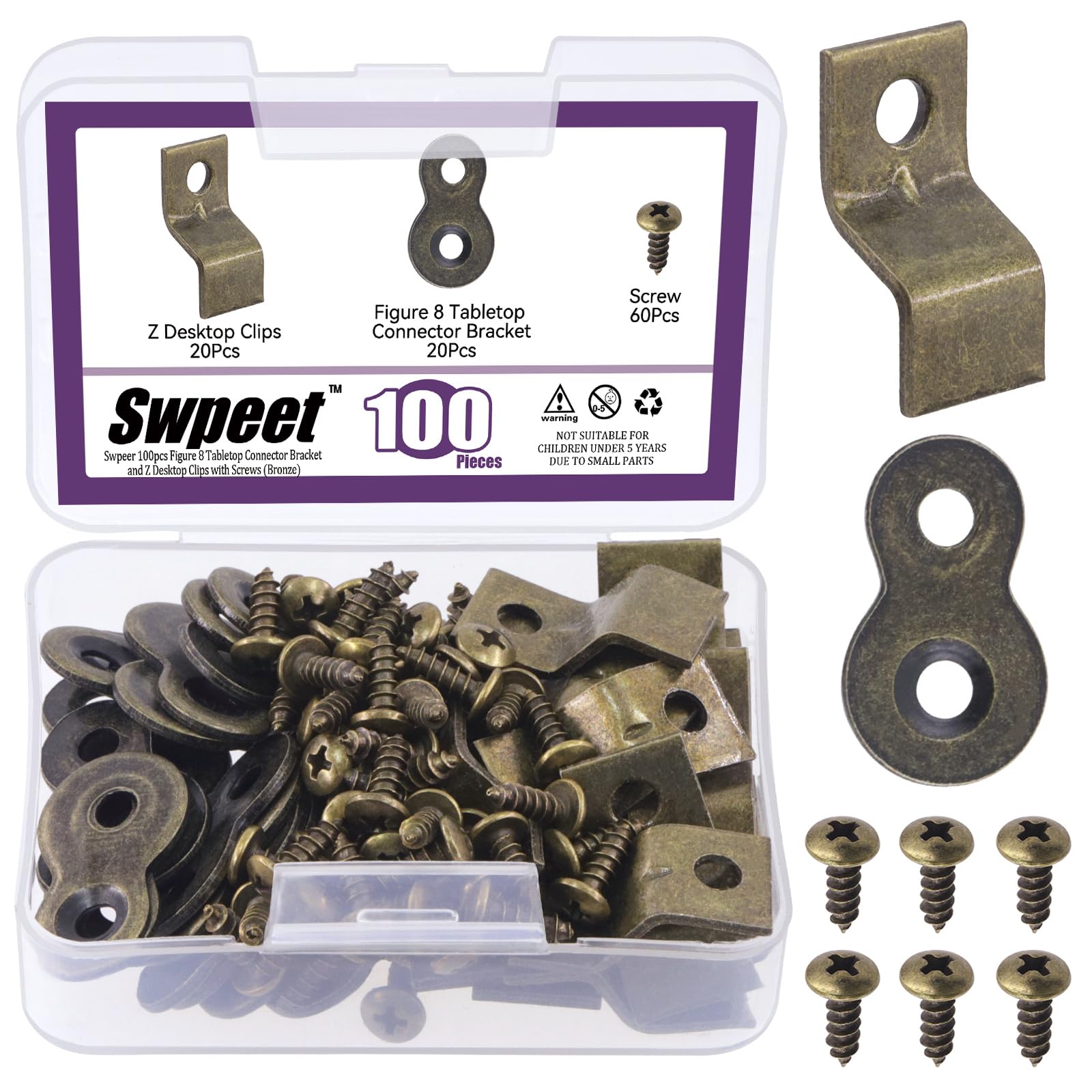 Swpeet 40 Pairs Bronze 2 Styles Heavy Duty 8 Table Top Connector and Z Adjustable Corner Brackets with Matched Screws Assortment Kit, Utility Tables Figure 8 Fastener Z Brackets Clips for Furniture