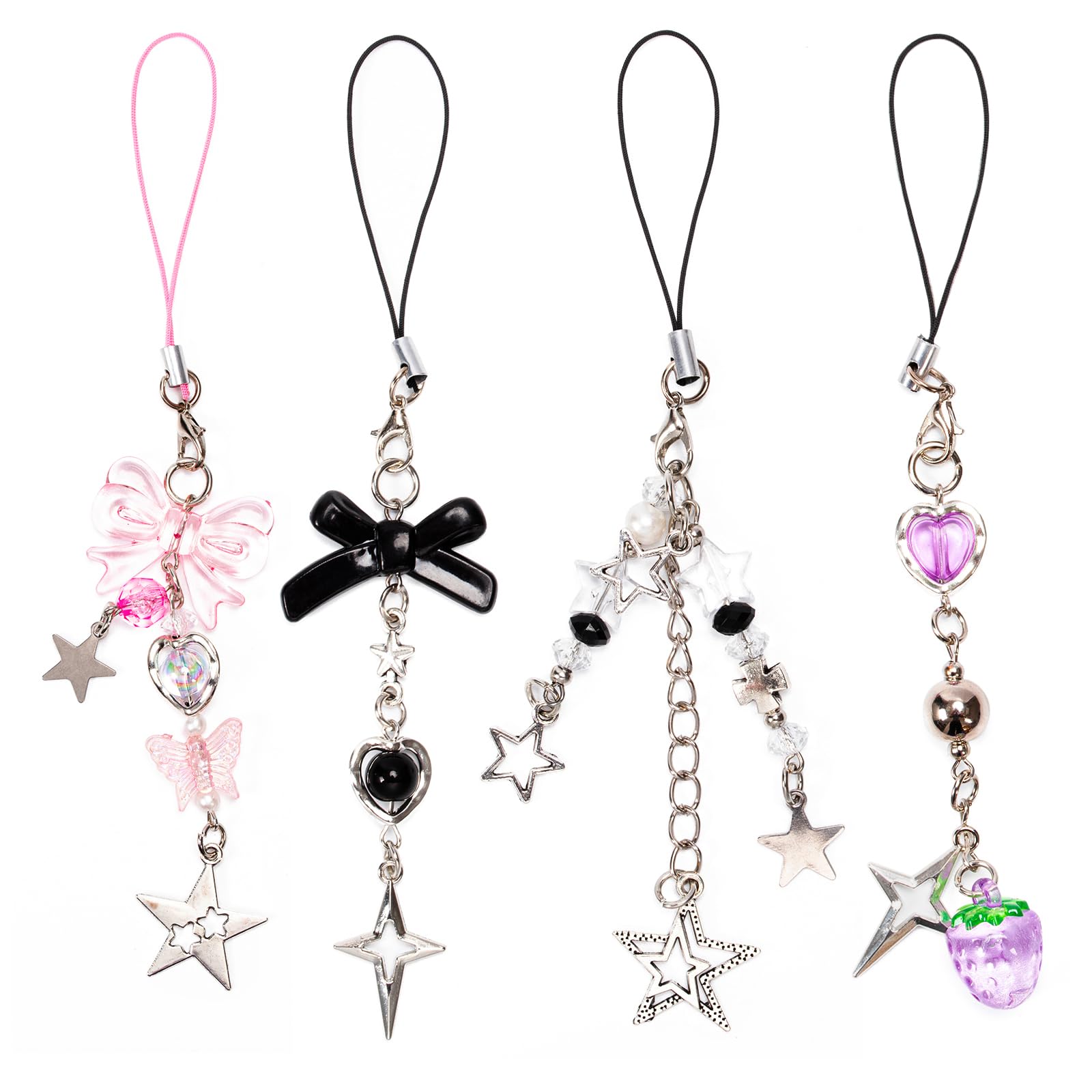 Dzpuhuojz 4PCS Phone Charms, Pink Butterfly Star Phone Charm Strap Y2K Accessories for Keychain, Airpods Bag, Pendants Decor (Black)