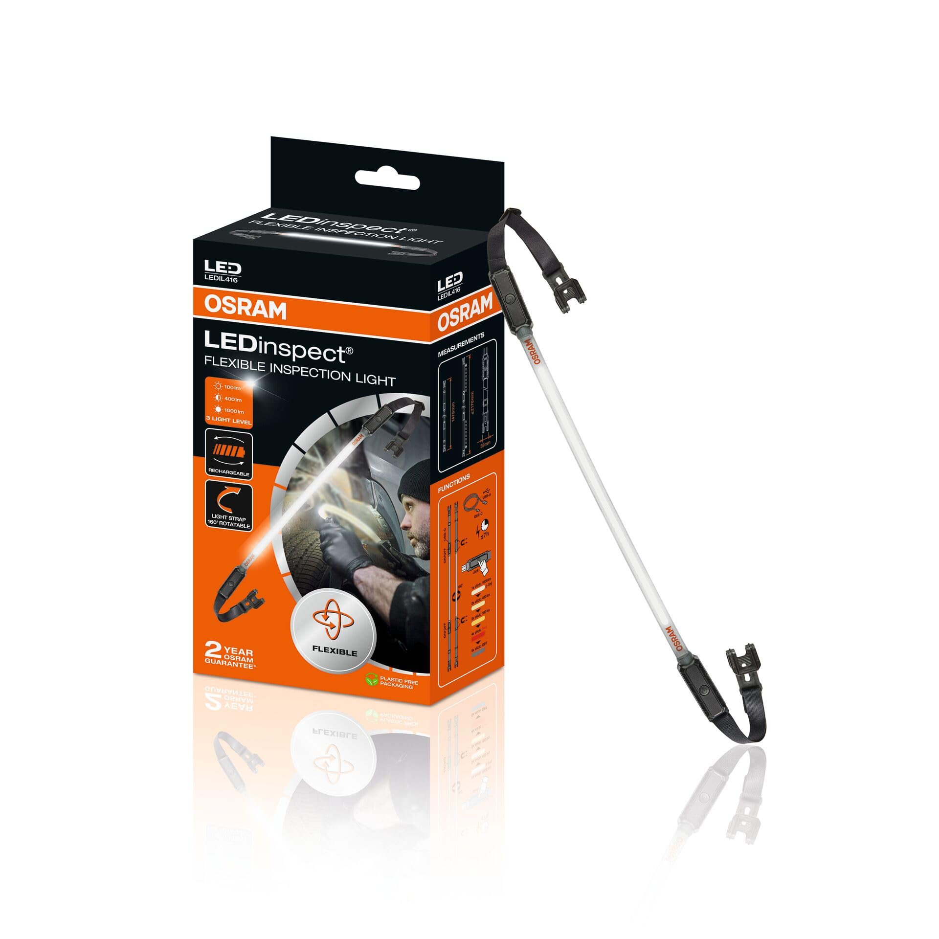 Osram LEDinspect Flexible Inspection Light, wiederaufladbare LED-Inspektionsleuchte, 6000K, Helligkeit bis zu 1000lm, abnehmbare elastische Bänder