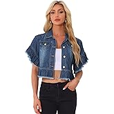 Allegra K Denim Jacket for Women's Button Down Ruffled Short Sleeve Lightweight Peplum Hem Jean Jacket