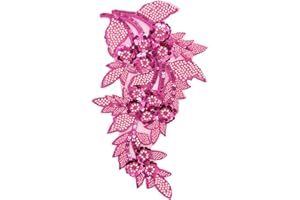 SAIXCCS 1pc Large Flower Rhinestone Applique Hot Pink, Embroidery Sequin Patches for Clothes,Beaded Lace Applique for Wedding Bridal Dress Bodice Hat Sewing Craft for Girl Embellishment(Hot Pink)